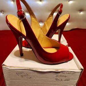 Women's size 7 Red Patent Open-Toe Slingback Pumps with 4.5" heel